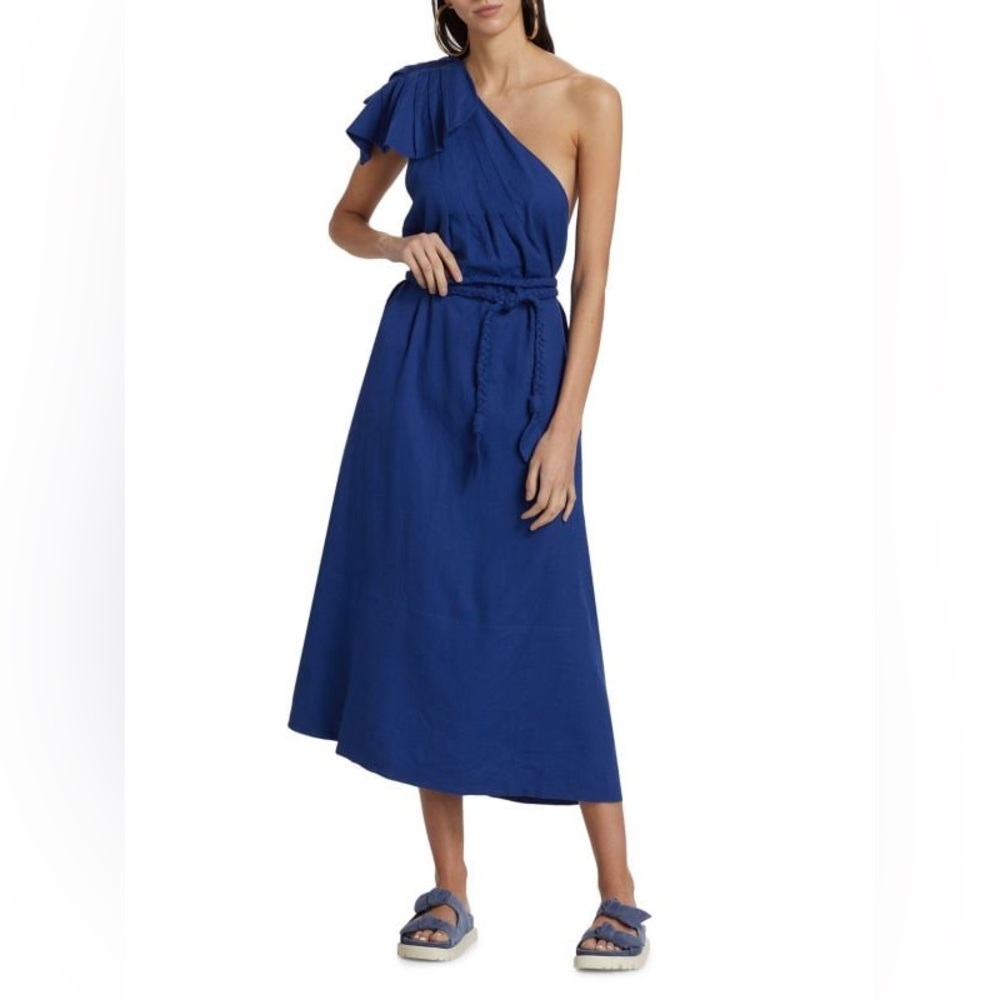 NWT FARM RIO LEAF ONE SHOULDER NAVY LINEN DRESS